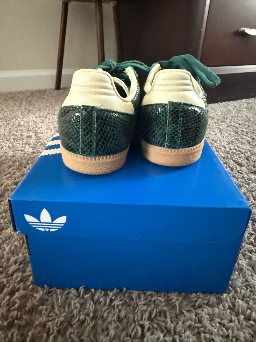Adidas women’s Samba Sneakers in Green Snakeskin with White Stripes and Gum Sole - Picture 5 of 9